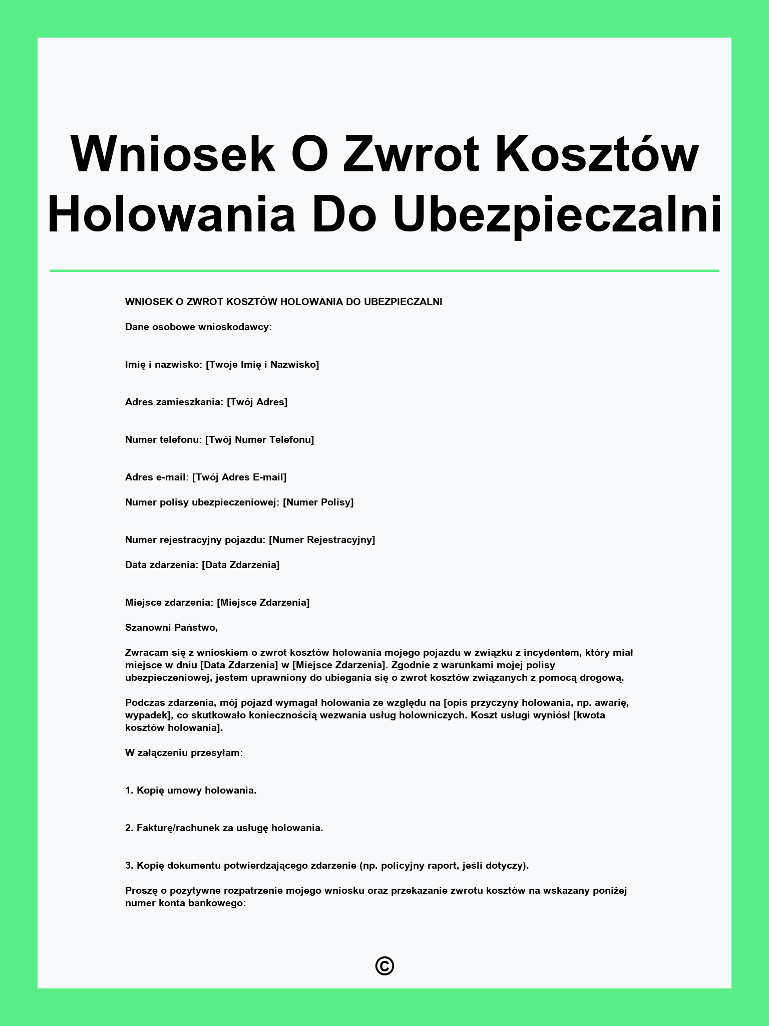 Wniosek O Zwrot Kosztów Holowania Do Ubezpieczalni